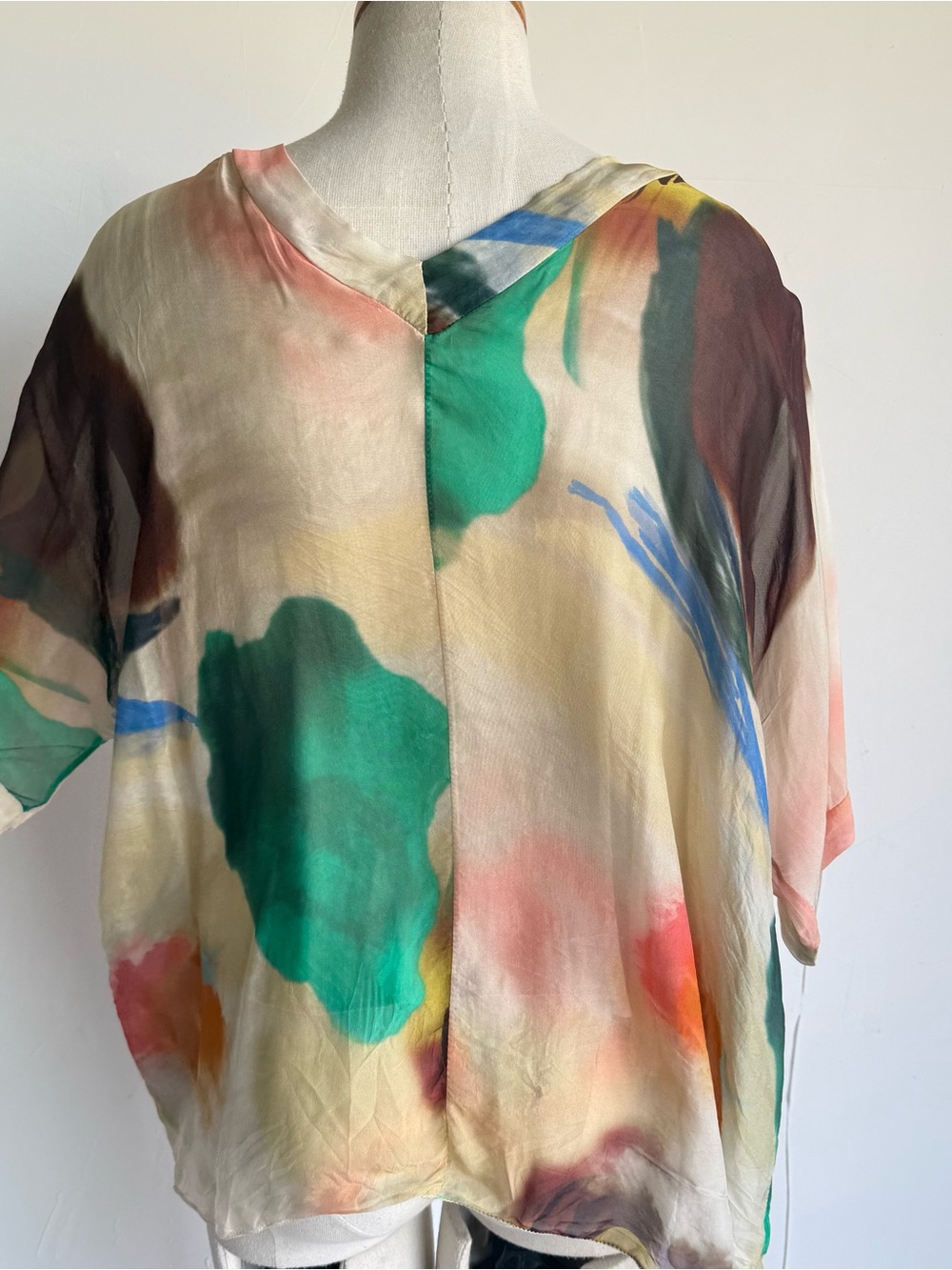 Gigi Moda flowy Blouse Medium brown green chiffon lined v neck short sleeves